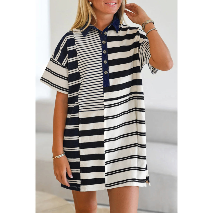 Black Stripe Half Placket Polo T Shirt Dress Black Stripe / S / 95% Cotton + 5% Elastane Dresses/T Shirt Dresses