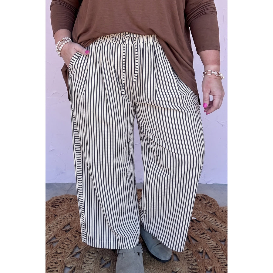 Black Stripe Plus Size Tie Waist Loose Pants Size/Plus Bottoms