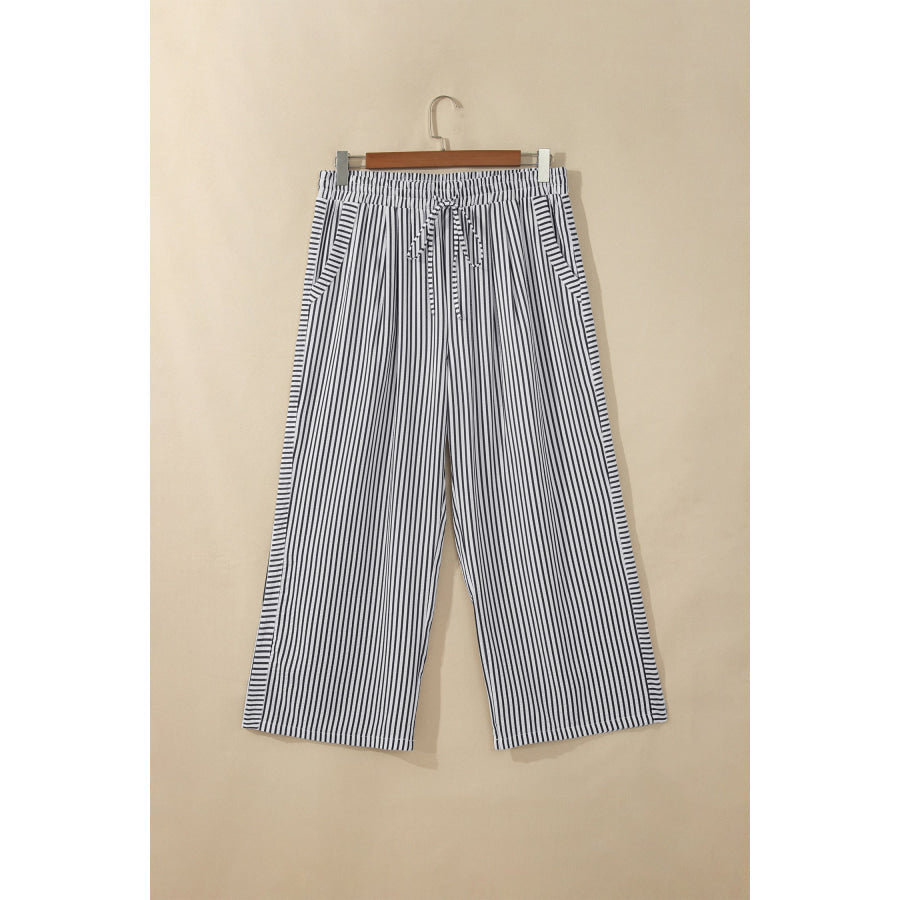 Black Stripe Plus Size Tie Waist Loose Pants Size/Plus Bottoms
