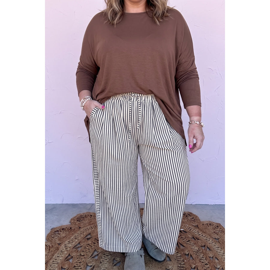 Black Stripe Plus Size Tie Waist Loose Pants Size/Plus Bottoms
