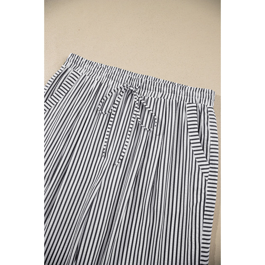 Black Stripe Plus Size Tie Waist Loose Pants Size/Plus Bottoms