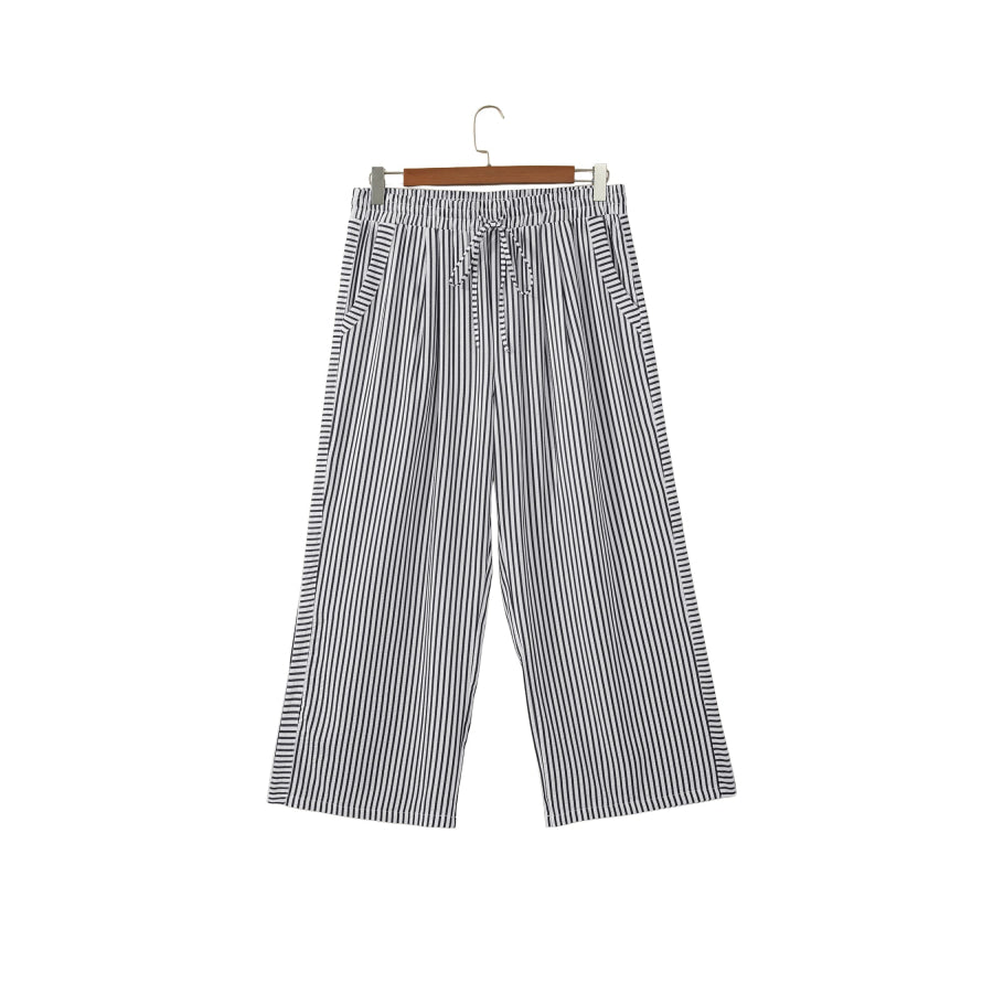 Black Stripe Plus Size Tie Waist Loose Pants Size/Plus Bottoms