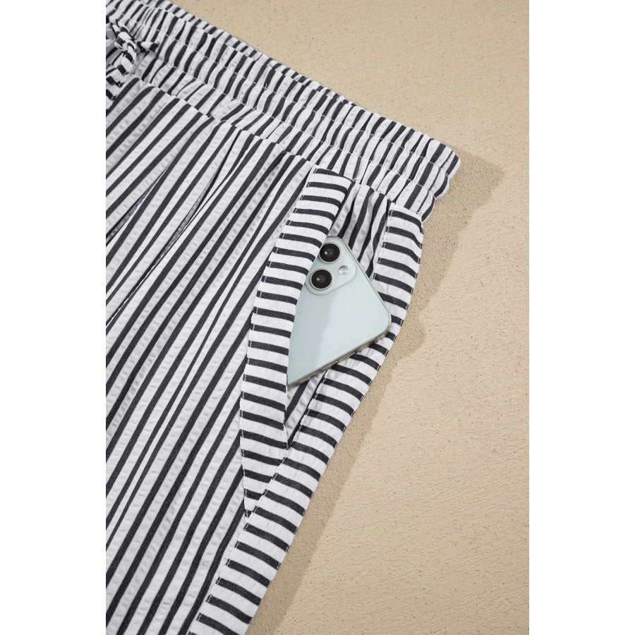 Black Stripe Plus Size Tie Waist Loose Pants Size/Plus Bottoms