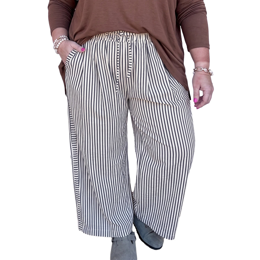 Black Stripe Plus Size Tie Waist Loose Pants Size/Plus Bottoms