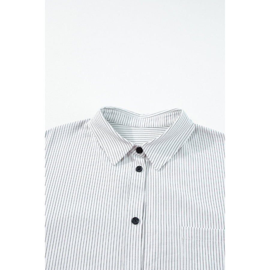Black Stripe Roll-tab Sleeve Pocketed Long Shirt Tops/Blouses & Shirts