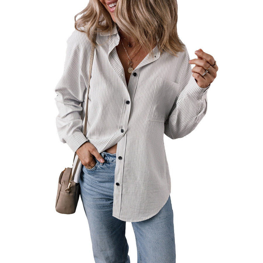 Black Stripe Roll-tab Sleeve Pocketed Long Shirt Tops/Blouses & Shirts