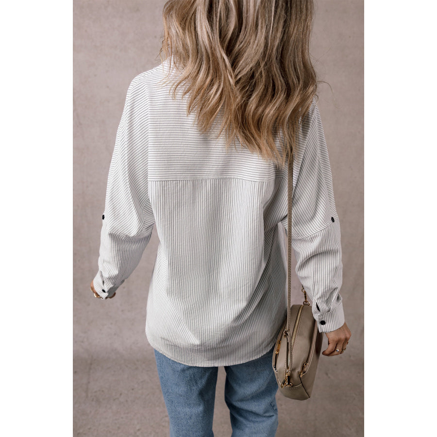 Black Stripe Roll-tab Sleeve Pocketed Long Shirt Tops/Blouses & Shirts