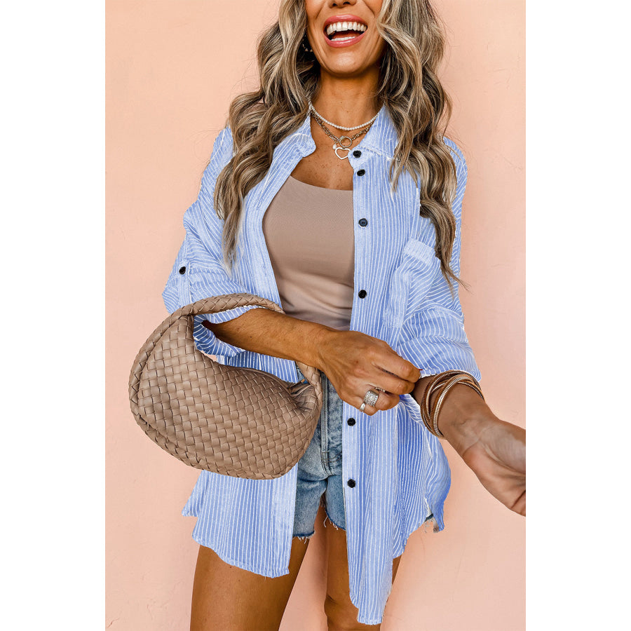 Black Stripe Roll-tab Sleeve Pocketed Long Shirt Tops/Blouses & Shirts