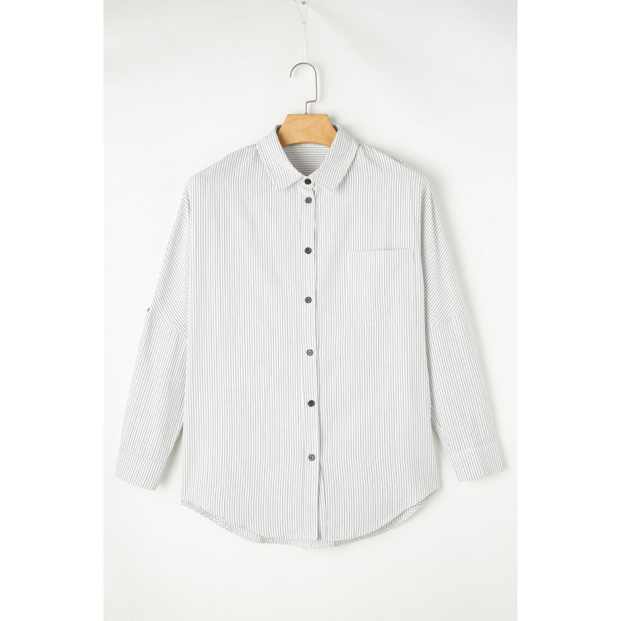 Black Stripe Roll-tab Sleeve Pocketed Long Shirt Tops/Blouses & Shirts