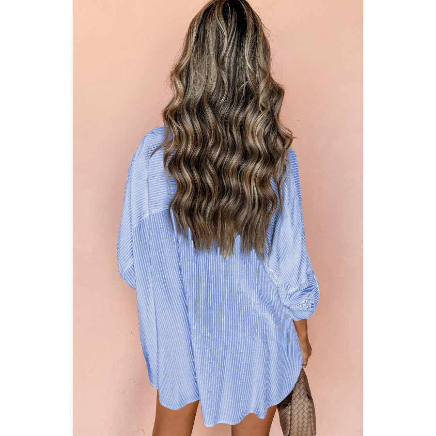 Black Stripe Roll-tab Sleeve Pocketed Long Shirt Tops/Blouses & Shirts