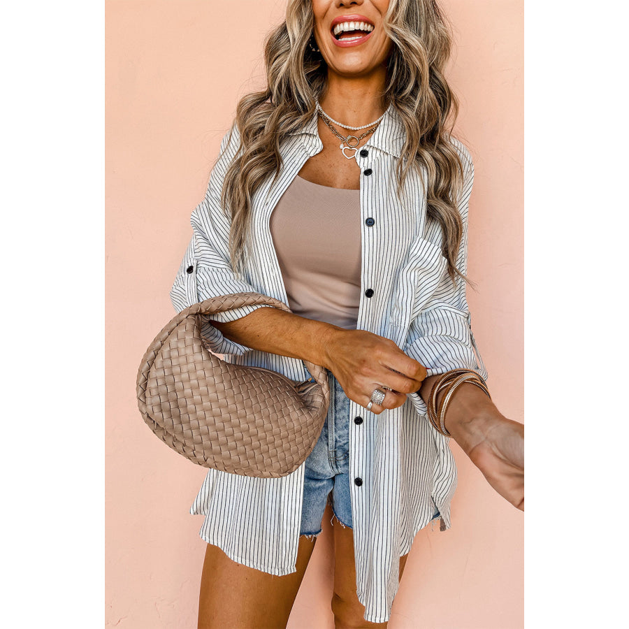 Black Stripe Roll-tab Sleeve Pocketed Long Shirt Tops/Blouses & Shirts