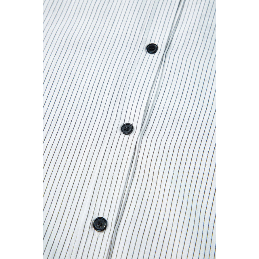 Black Stripe Roll-tab Sleeve Pocketed Long Shirt Tops/Blouses & Shirts