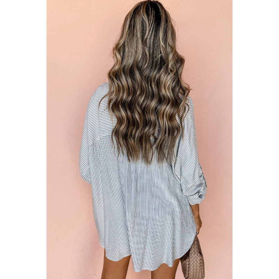 Black Stripe Roll-tab Sleeve Pocketed Long Shirt Tops/Blouses & Shirts