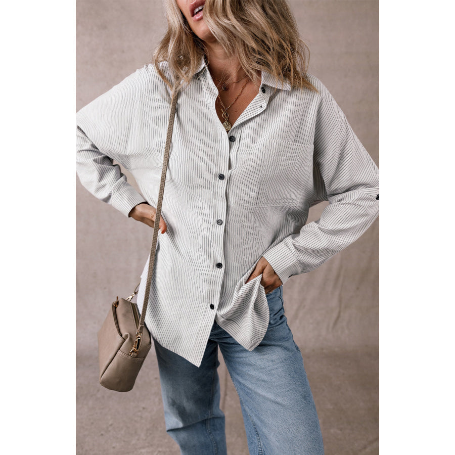 Black Stripe Roll-tab Sleeve Pocketed Long Shirt Tops/Blouses & Shirts