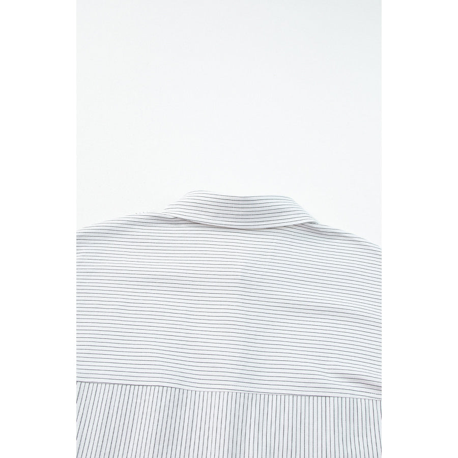 Black Stripe Roll-tab Sleeve Pocketed Long Shirt Tops/Blouses & Shirts