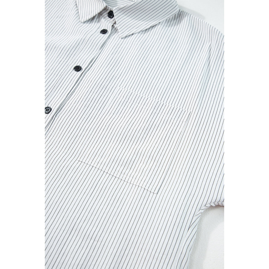 Black Stripe Roll-tab Sleeve Pocketed Long Shirt Tops/Blouses & Shirts