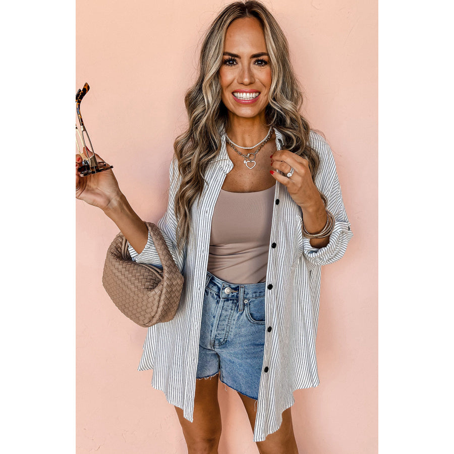 Black Stripe Roll-tab Sleeve Pocketed Long Shirt Tops/Blouses & Shirts