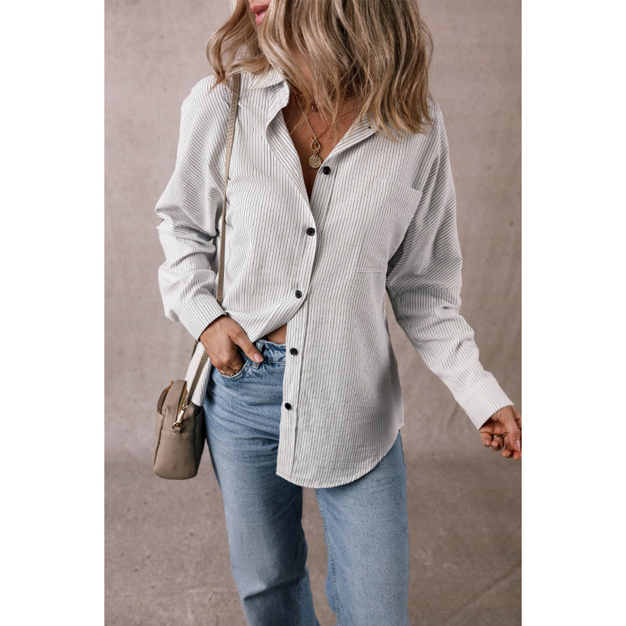Black Stripe Roll-tab Sleeve Pocketed Long Shirt Tops/Blouses & Shirts