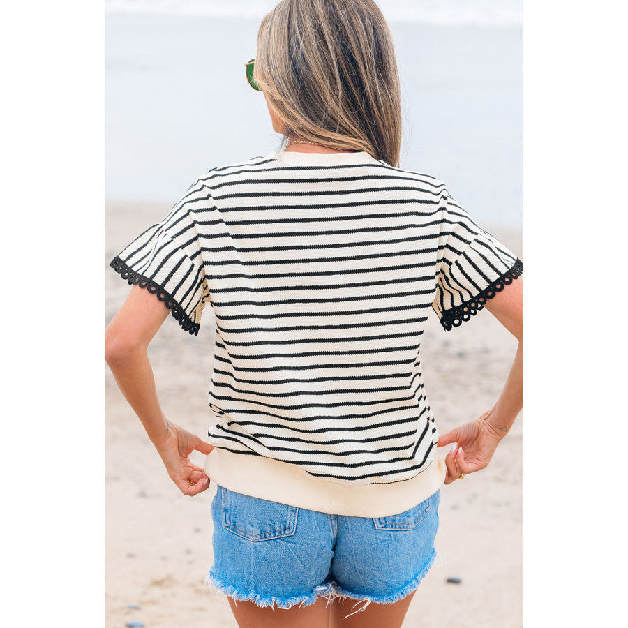 Black Stripe Scallop Lace Trim Ruffle Short Sleeves Crewneck Top Tops/Blouses & Shirts
