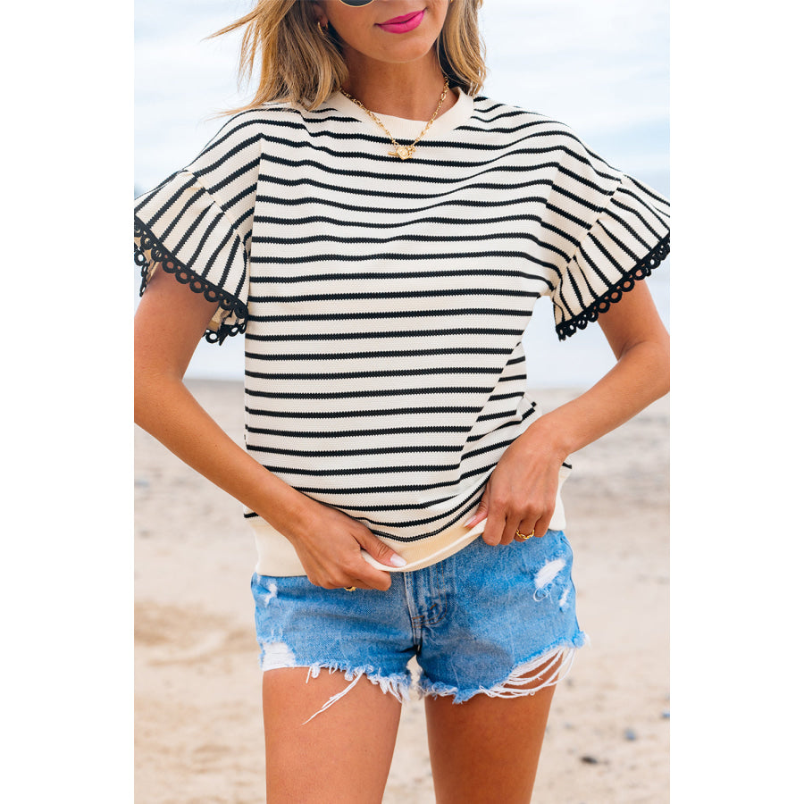 Black Stripe Scallop Lace Trim Ruffle Short Sleeves Crewneck Top Tops/Blouses & Shirts