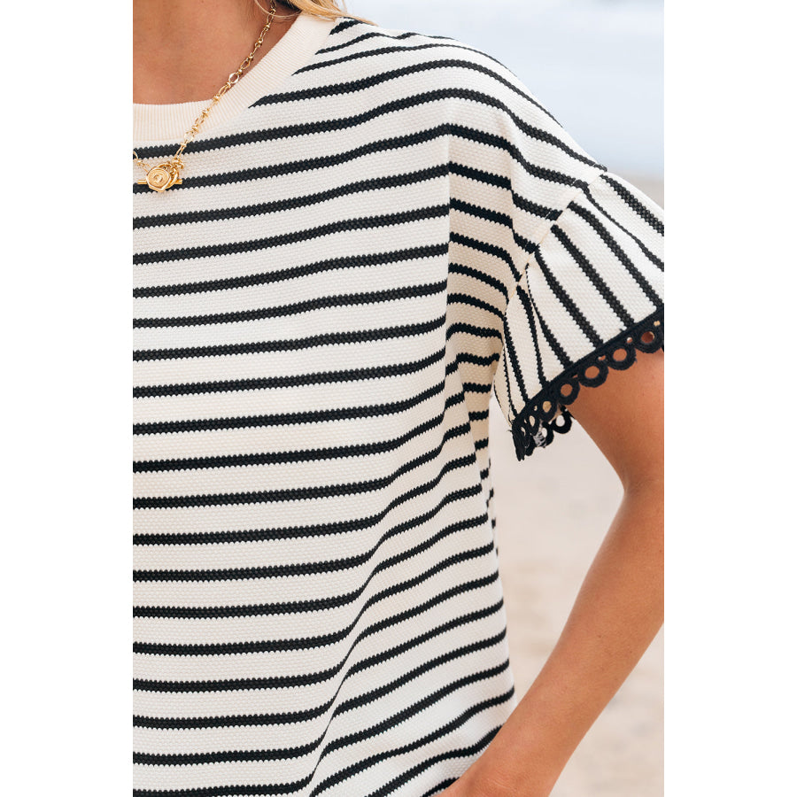 Black Stripe Scallop Lace Trim Ruffle Short Sleeves Crewneck Top Tops/Blouses & Shirts