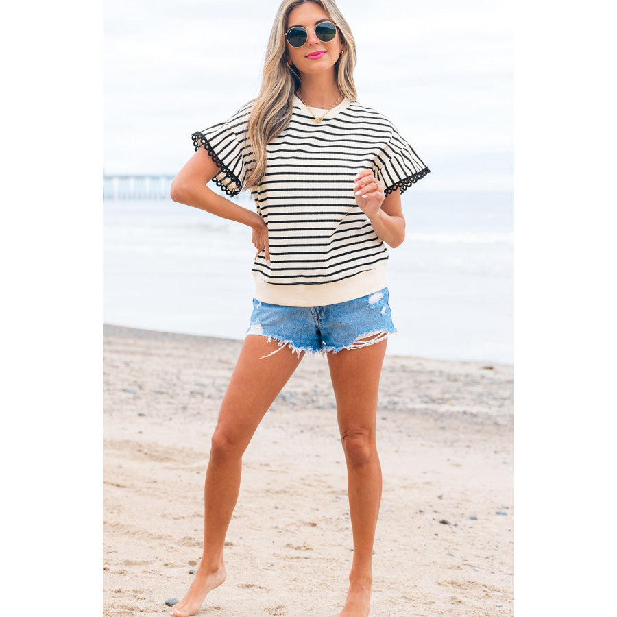 Black Stripe Scallop Lace Trim Ruffle Short Sleeves Crewneck Top Tops/Blouses & Shirts