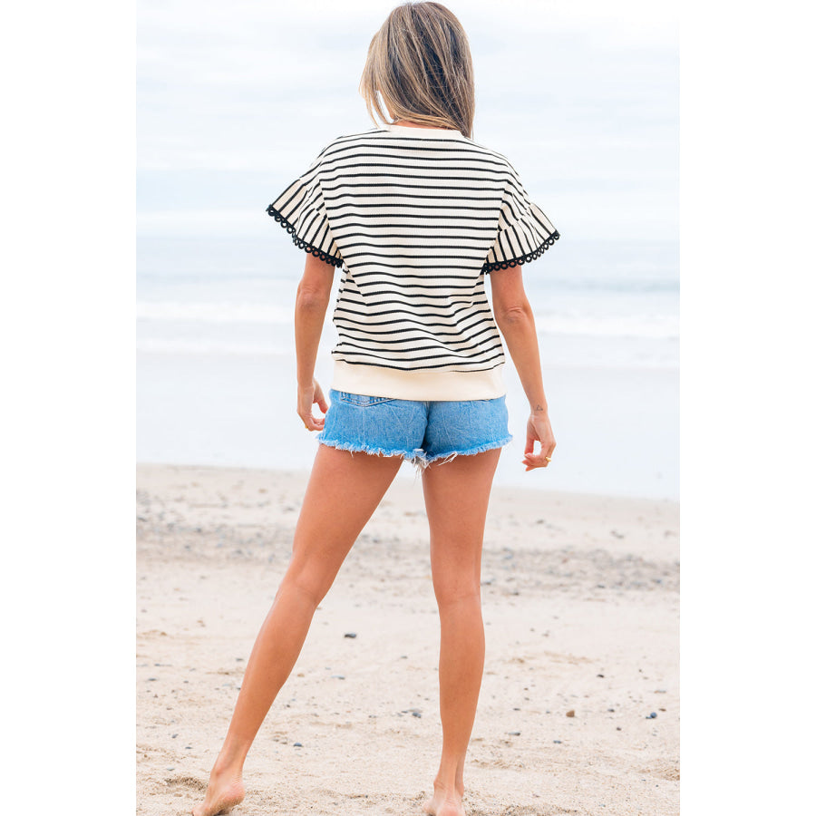 Black Stripe Scallop Lace Trim Ruffle Short Sleeves Crewneck Top Tops/Blouses & Shirts