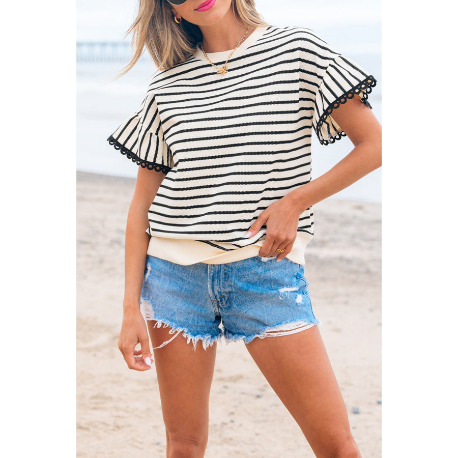 Black Stripe Scallop Lace Trim Ruffle Short Sleeves Crewneck Top Tops/Blouses & Shirts