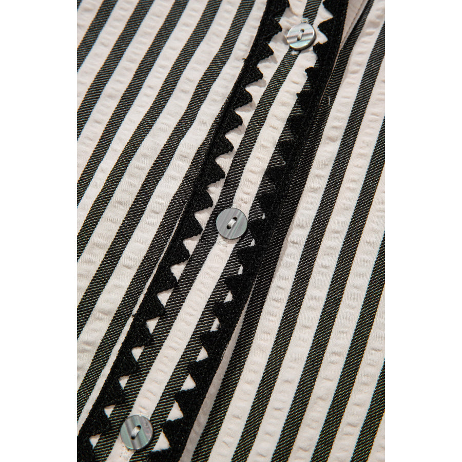 Black Stripe Scallop Trim Shirt Collar Half Button 3/4 Sleeve Long Dress Dresses/Maxi Dresses