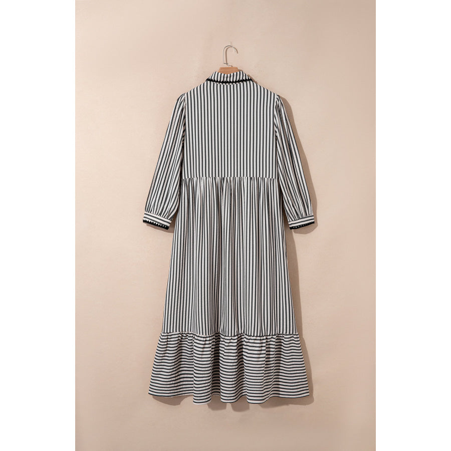 Black Stripe Scallop Trim Shirt Collar Half Button 3/4 Sleeve Long Dress Dresses/Maxi Dresses