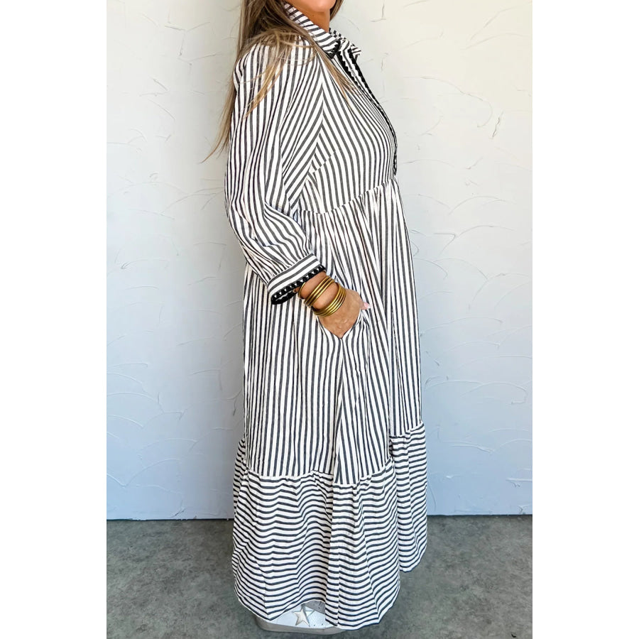 Black Stripe Scallop Trim Shirt Collar Half Button 3/4 Sleeve Long Dress Dresses/Maxi Dresses