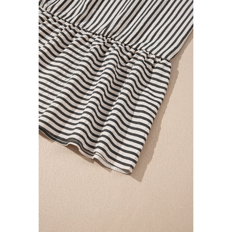 Black Stripe Scallop Trim Shirt Collar Half Button 3/4 Sleeve Long Dress Dresses/Maxi Dresses