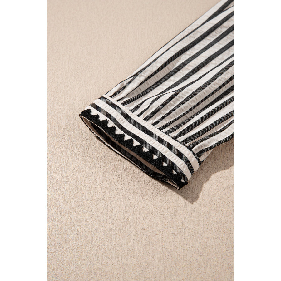 Black Stripe Scallop Trim Shirt Collar Half Button 3/4 Sleeve Long Dress Dresses/Maxi Dresses