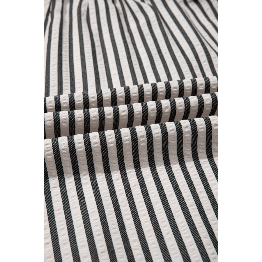 Black Stripe Scallop Trim Shirt Collar Half Button 3/4 Sleeve Long Dress Dresses/Maxi Dresses