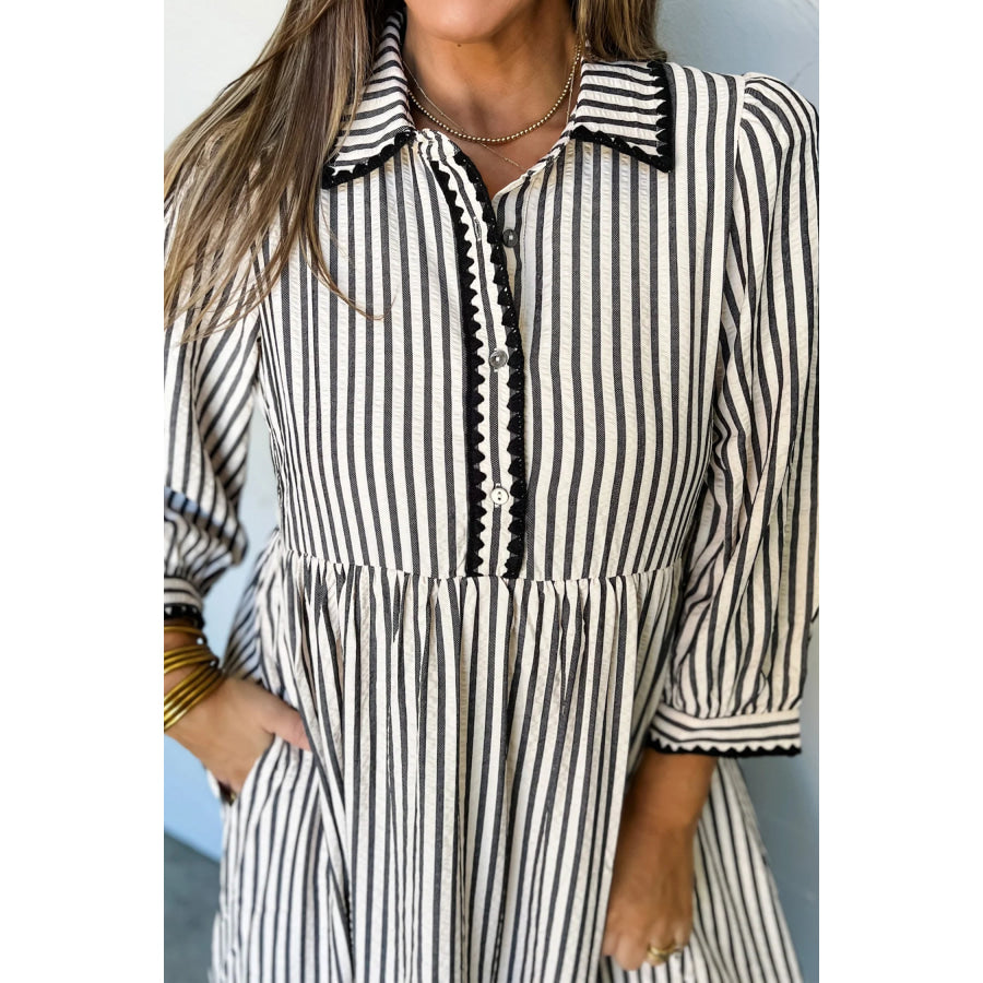 Black Stripe Scallop Trim Shirt Collar Half Button 3/4 Sleeve Long Dress Dresses/Maxi Dresses