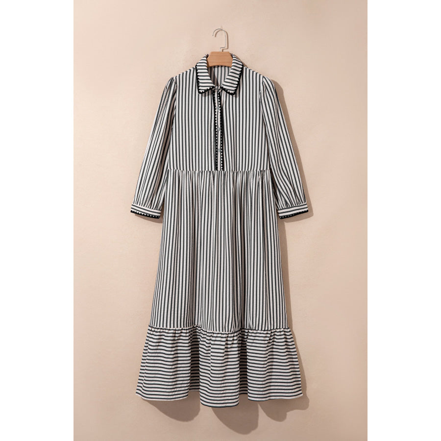 Black Stripe Scallop Trim Shirt Collar Half Button 3/4 Sleeve Long Dress Dresses/Maxi Dresses