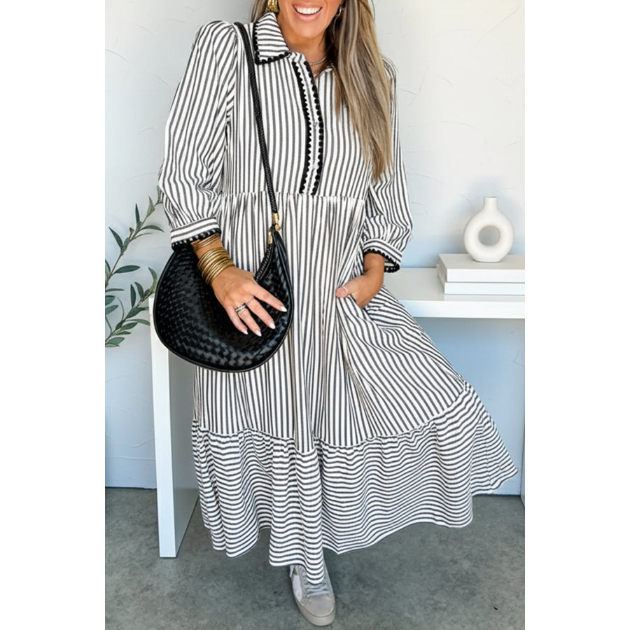 Black Stripe Scallop Trim Shirt Collar Half Button 3/4 Sleeve Long Dress Black Stripe / S / 50% Polyester + 50% Viscose Dresses/Maxi Dresses