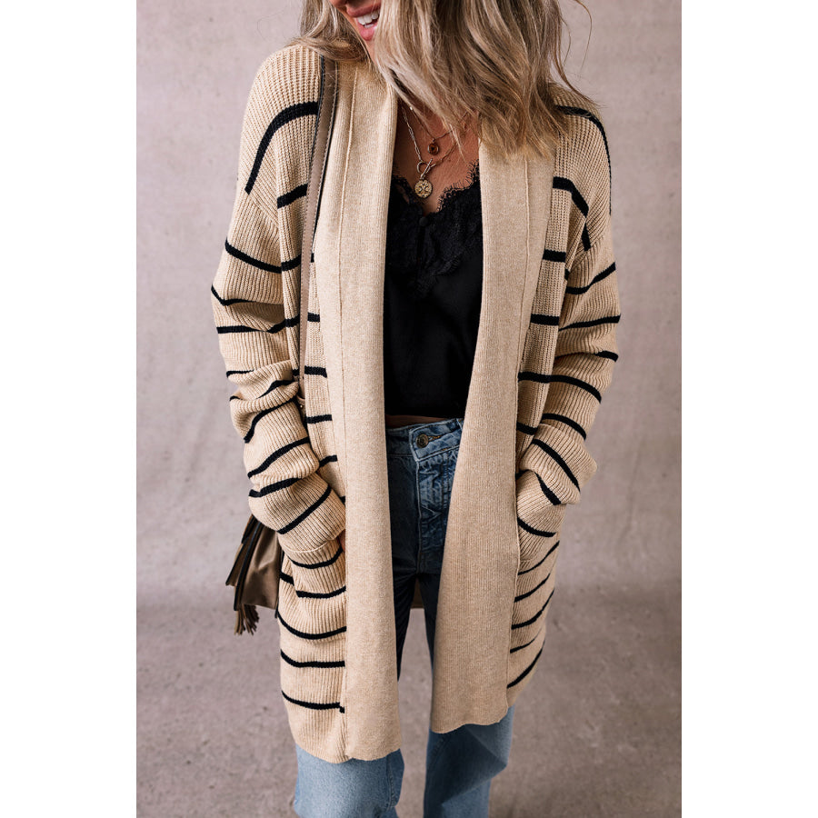 Black Stripe Shawl Neckline Open Cardigan with Pockets Black Stripe / S / 50% Viscose + 28% Polyester + 22% Polyamide Sweaters &