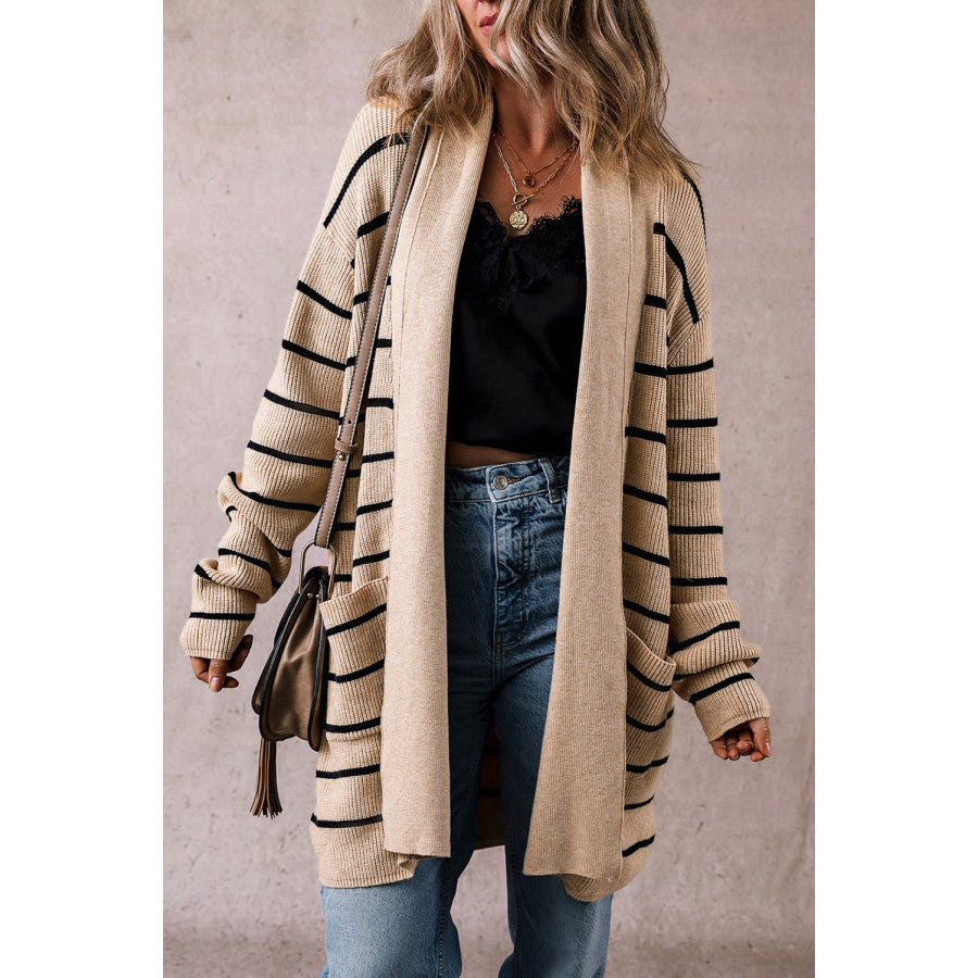 Black Stripe Shawl Neckline Open Cardigan with Pockets Sweaters &amp; Cardigans/Cardigans