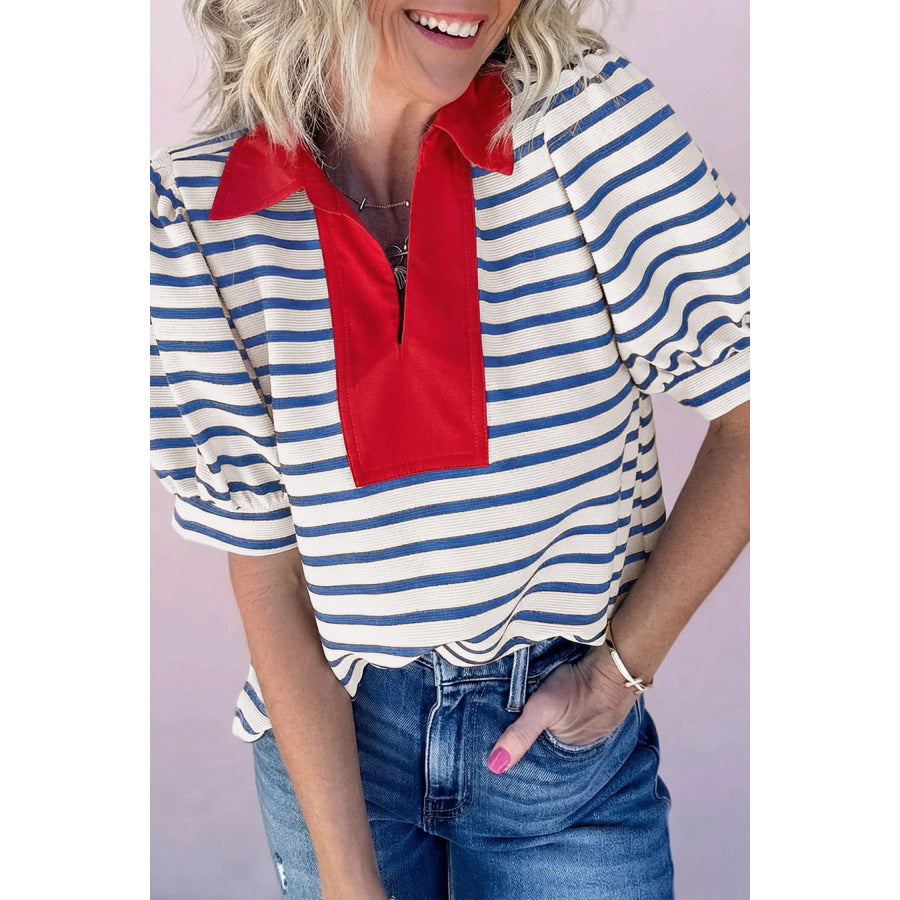 Black Stripe Short Puff Sleeve Color Block Polo Collar Blouse Blue / S / 55% Regenerated Polyester + 40% Cotton + 5% Elastane Tops/Blouses