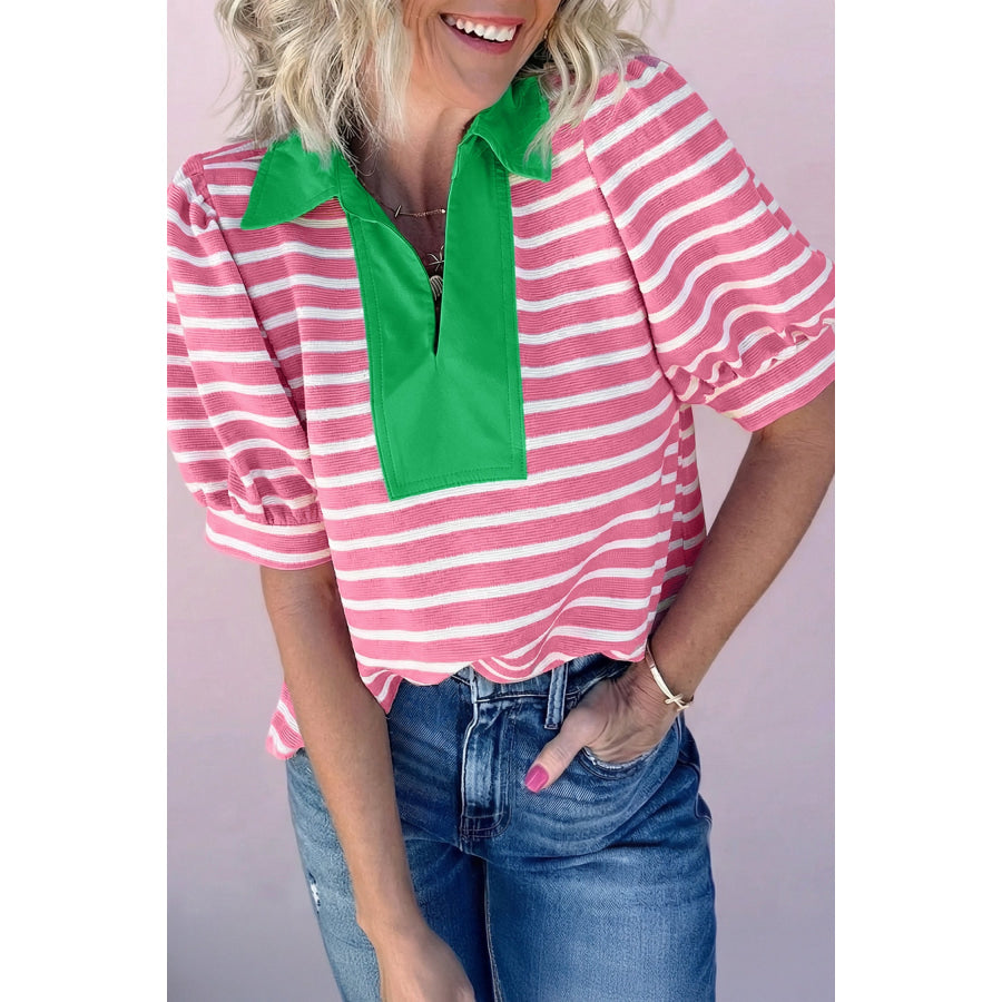 Black Stripe Short Puff Sleeve Color Block Polo Collar Blouse Pink / S / 55% Regenerated Polyester + 40% Cotton + 5% Elastane Tops/Blouses