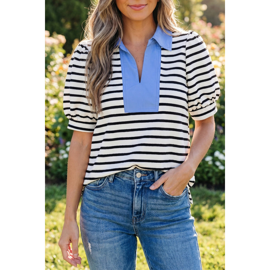 Black Stripe Short Puff Sleeve Color Block Polo Collar Blouse / S / 55% Regenerated Polyester + 40% Cotton + 5% Elastane Tops/Blouses &