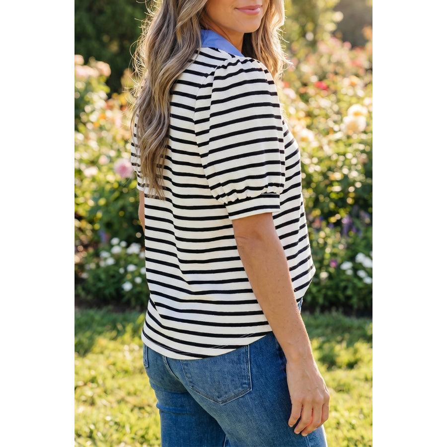Black Stripe Short Puff Sleeve Color Block Polo Collar Blouse Tops/Blouses & Shirts