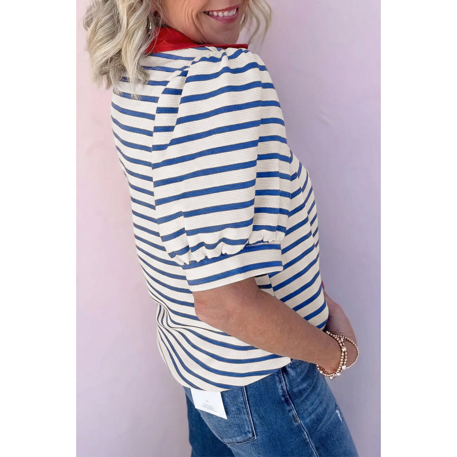 Black Stripe Short Puff Sleeve Color Block Polo Collar Blouse Tops/Blouses & Shirts