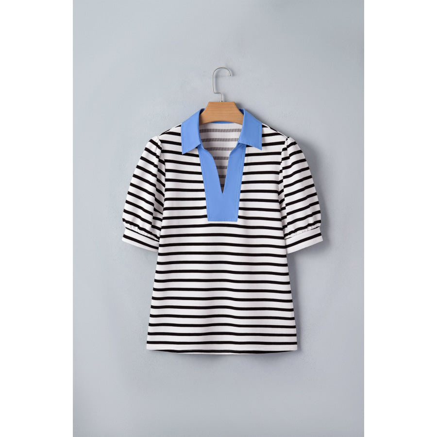 Black Stripe Short Puff Sleeve Color Block Polo Collar Blouse Tops/Blouses & Shirts