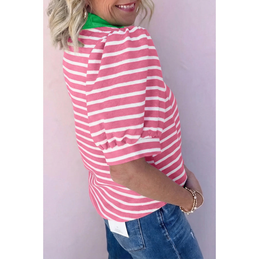 Black Stripe Short Puff Sleeve Color Block Polo Collar Blouse Tops/Blouses & Shirts