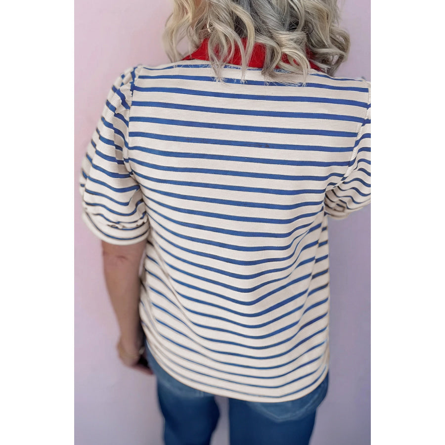 Black Stripe Short Puff Sleeve Color Block Polo Collar Blouse Tops/Blouses & Shirts