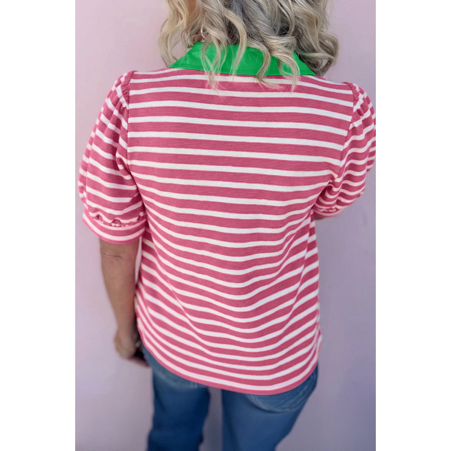 Black Stripe Short Puff Sleeve Color Block Polo Collar Blouse Tops/Blouses & Shirts