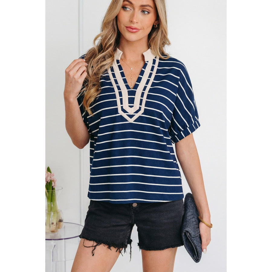 Black Stripe Stand Collar V Neck Elastic Cuffs Half Sleeve Dolman Top Blue Stripe / S / 95% Cotton + 5% Elastane Tops/Blouses & Shirts