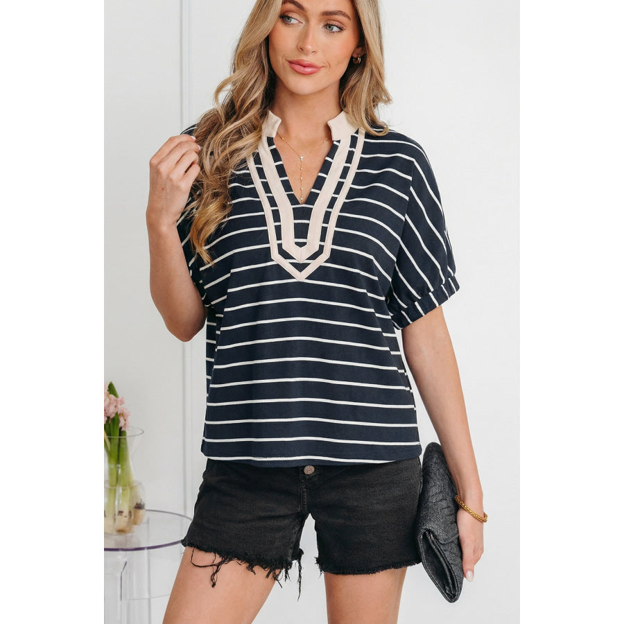 Black Stripe Stand Collar V Neck Elastic Cuffs Half Sleeve Dolman Top Black Stripe / S / 95% Cotton + 5% Elastane Tops/Blouses & Shirts